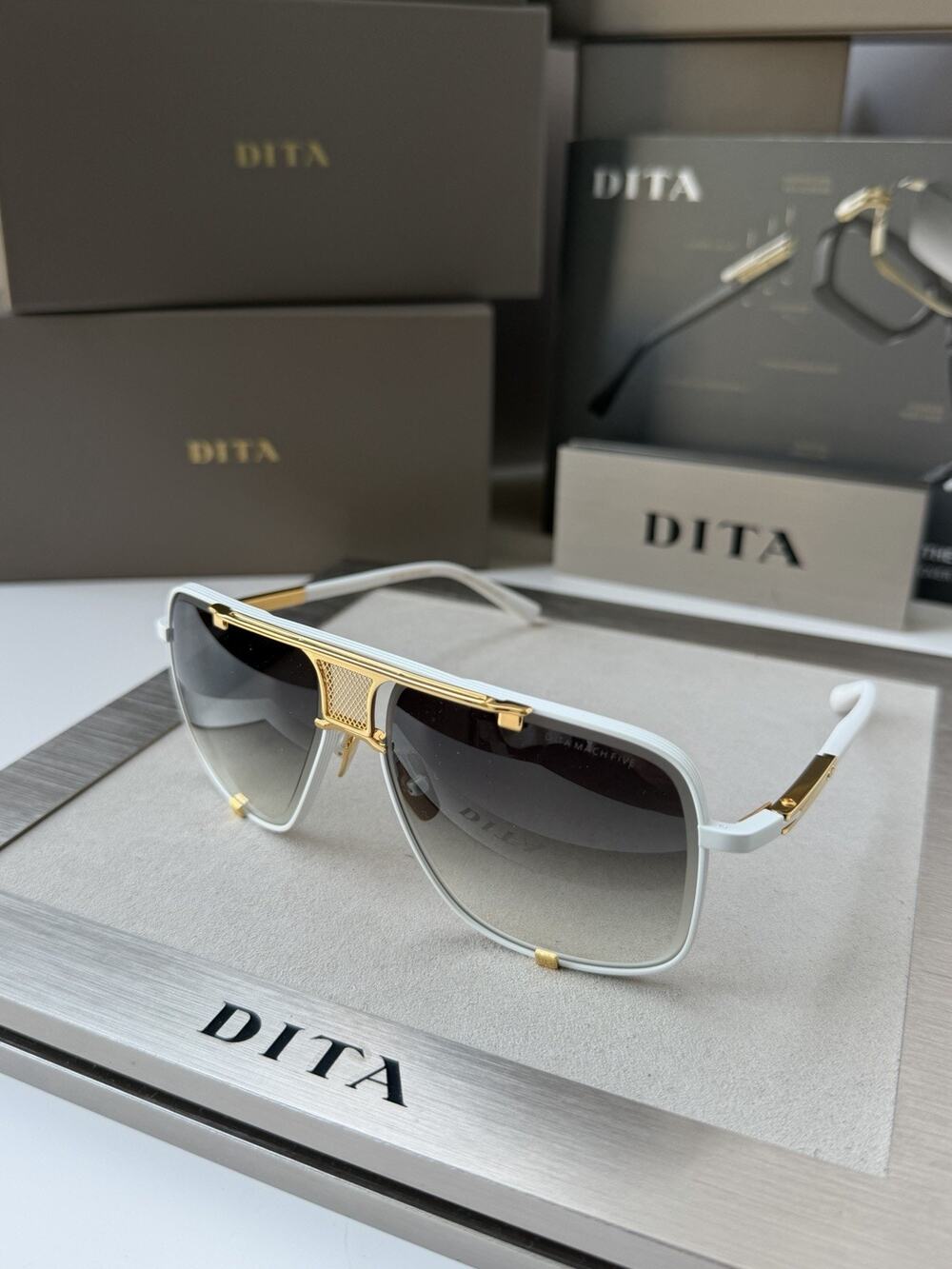 DITA MACH FIVE DRX 2087-J Matte White Yellow Gold Grey Gradient Lens Sunglasses